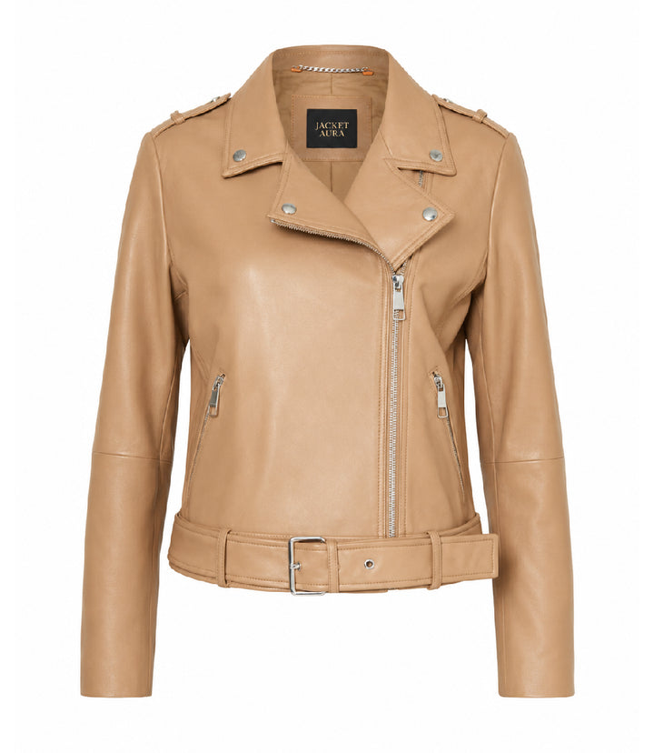 Women's Light Brown Leather Biker Jacket - Jacket Aura