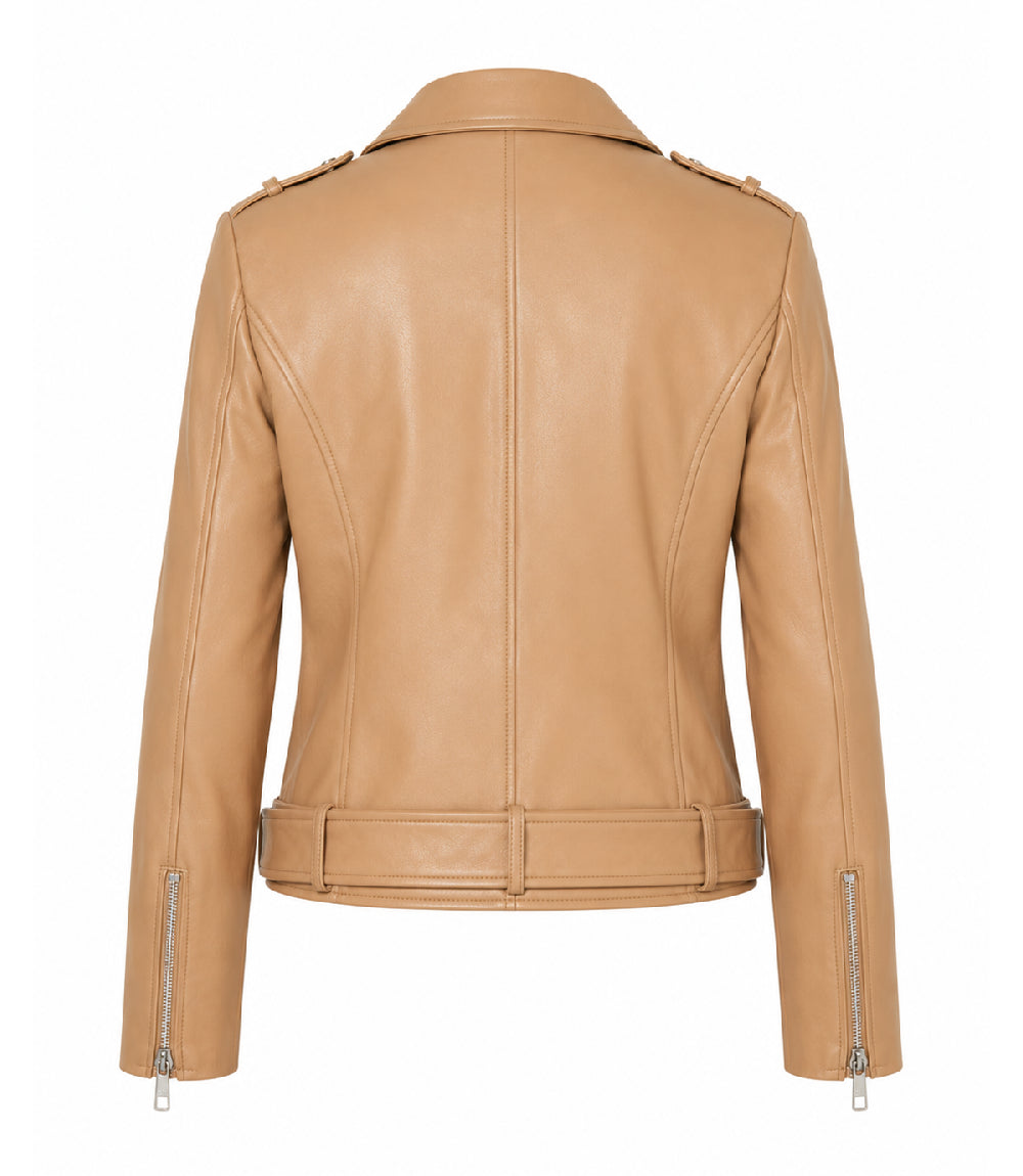 Women's Light Brown Leather Biker Jacket Back - Jacket Aura