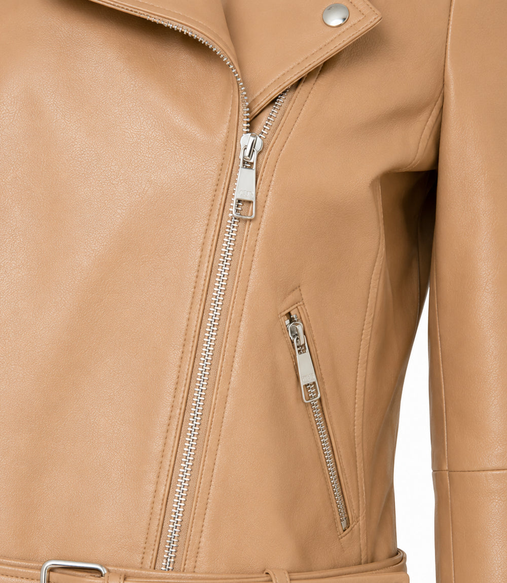 Women's Light Brown Leather Biker Jacket Closeup - Jacket Aura