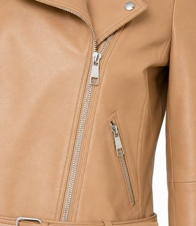 Women's Light Brown Leather Biker Jacket Closeup - Jacket Aura