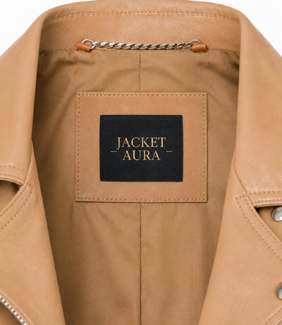 Women's Light Brown Leather Biker Jacket Collar - Jacket Aura