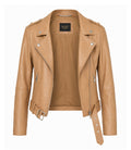 Women's Light Brown Leather Biker Jacket Front - Jacket Aura