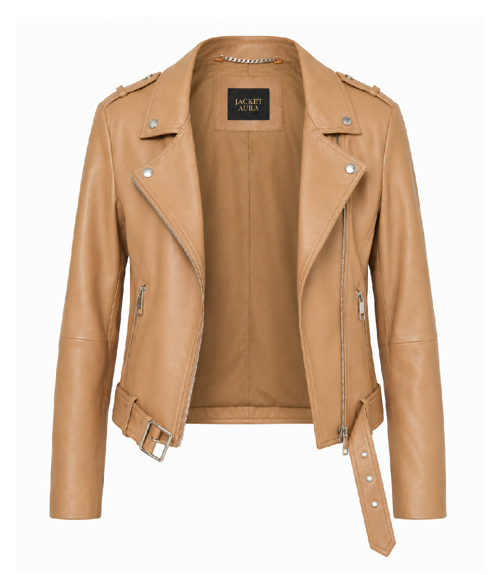 Women's Light Brown Leather Biker Jacket Front - Jacket Aura