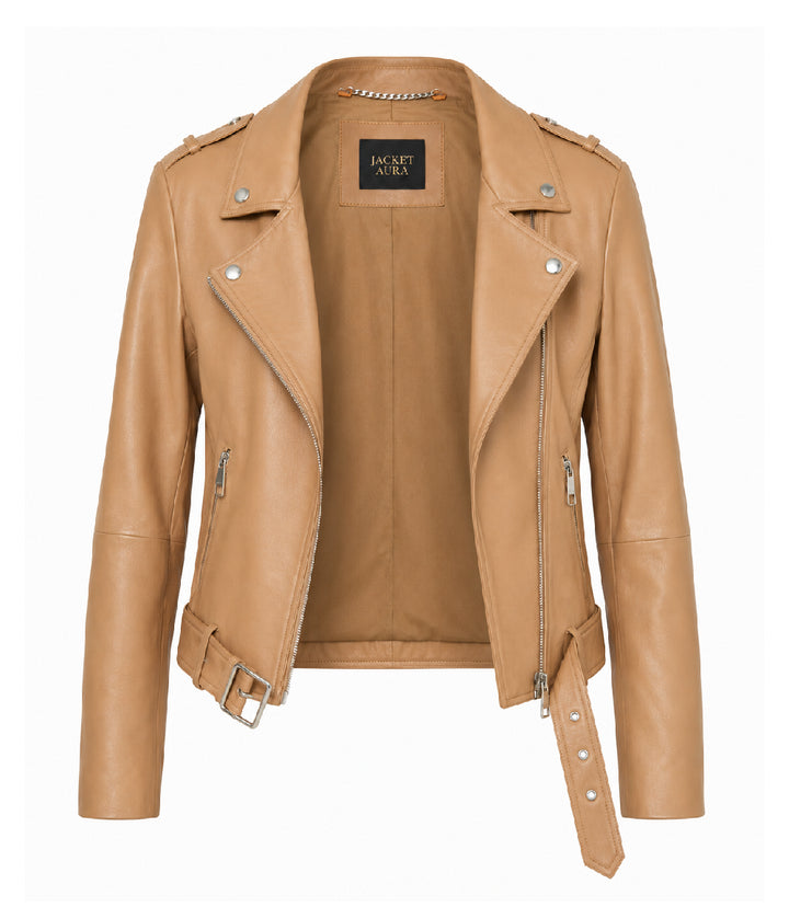 Women's Light Brown Leather Biker Jacket Front - Jacket Aura
