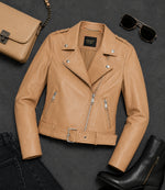 Women's Light Brown Leather Biker Jacket Front View - Jacket Aura