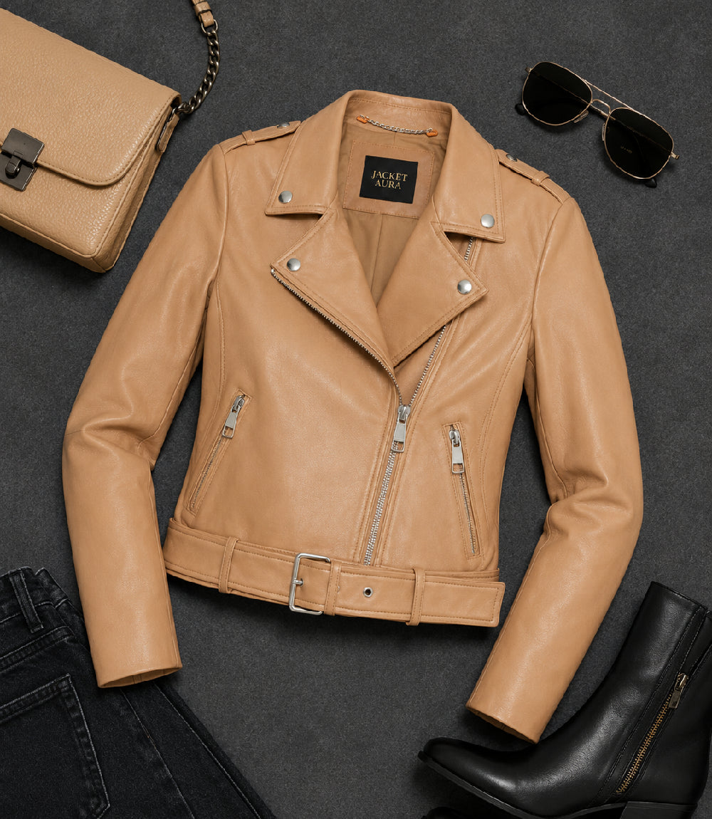 Women's Light Brown Leather Biker Jacket Front View - Jacket Aura