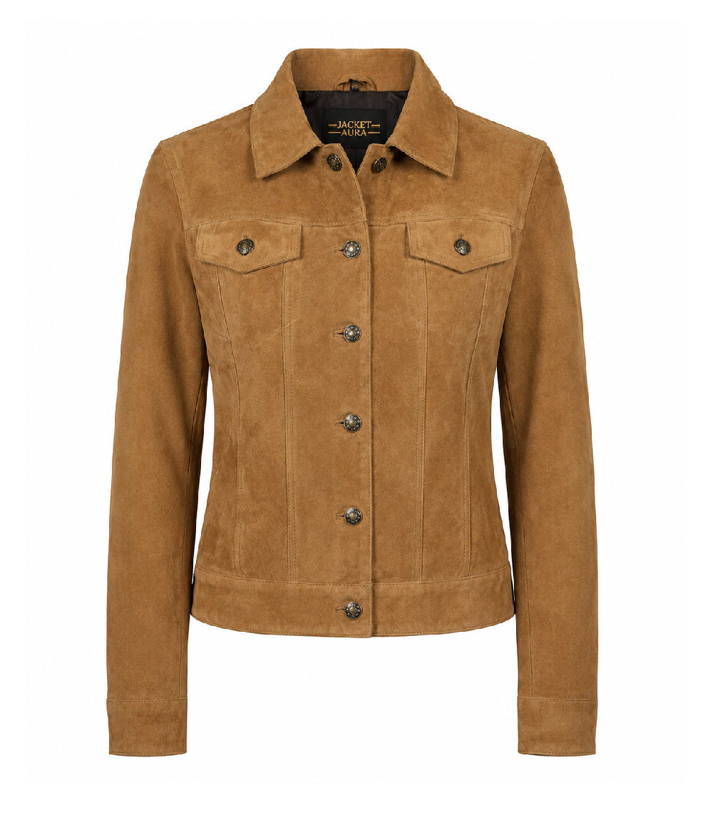 Women's Light Brown Suede Trucker Jacket - Jacket Aura