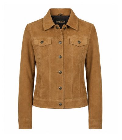 Women's Light Brown Suede Trucker Jacket - Jacket Aura
