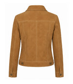 Women's Light Brown Suede Trucker Jacket Back - Jacket Aura