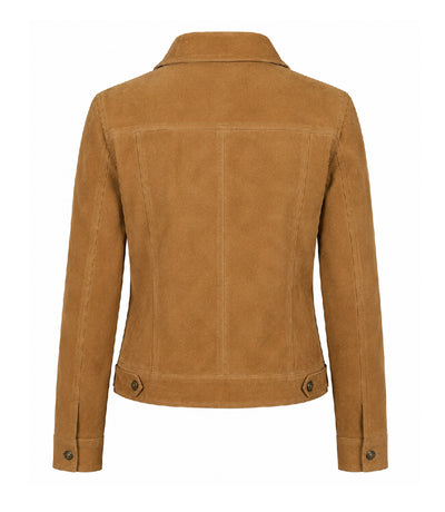 Women's Light Brown Suede Trucker Jacket Back - Jacket Aura