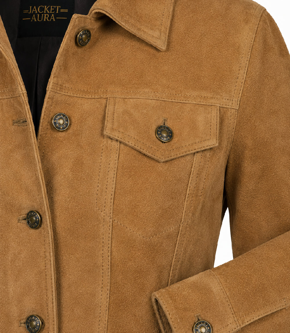 Women's Light Brown Suede Trucker Jacket Closeup - Jacket Aura