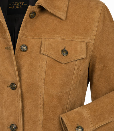 Women's Light Brown Suede Trucker Jacket Closeup - Jacket Aura