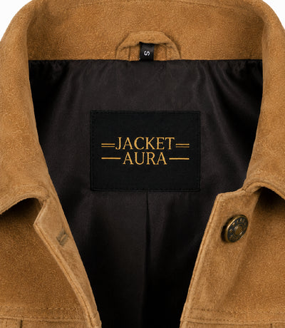 Women's Light Brown Suede Trucker Jacket Collar - Jacket Aura