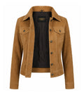 Women's Light Brown Suede Trucker Jacket Front - Jacket Aura