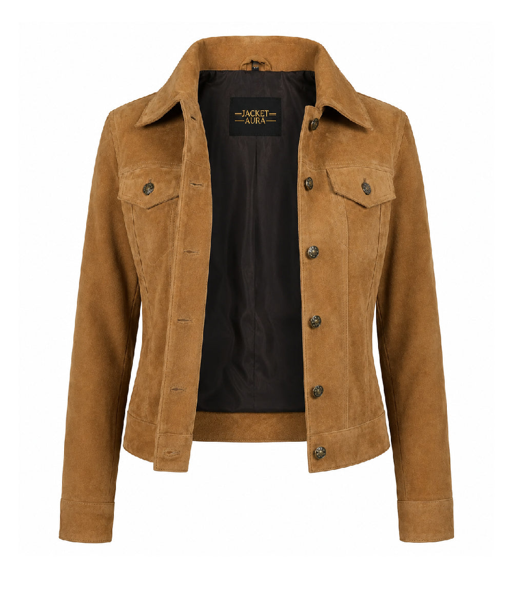 Women's Light Brown Suede Trucker Jacket Front - Jacket Aura