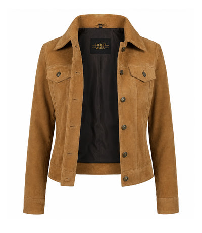 Women's Light Brown Suede Trucker Jacket Front - Jacket Aura