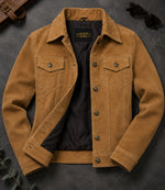 Women's Light Brown Suede Trucker Jacket Front View - Jacket Aura