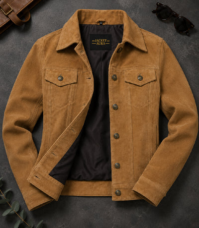 Women's Light Brown Suede Trucker Jacket Front View - Jacket Aura