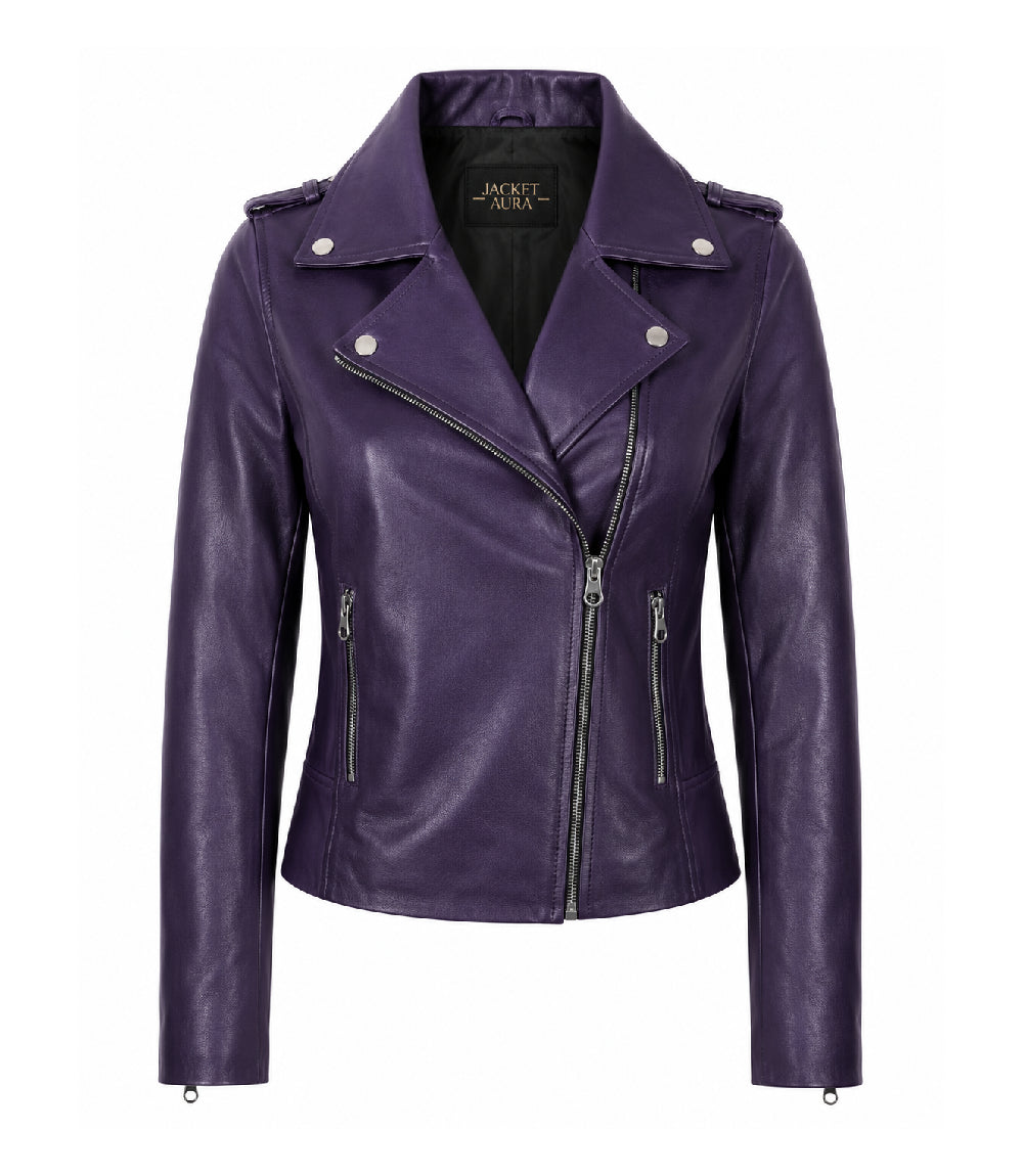 Women's Purple Leather Biker Jacket - Jacket Aura