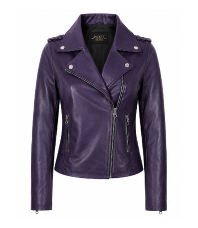 Women's Purple Leather Biker Jacket - Jacket Aura