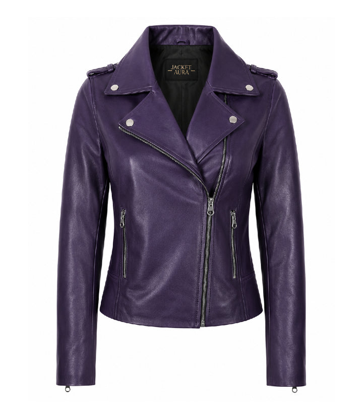 Women's Purple Leather Biker Jacket - Jacket Aura