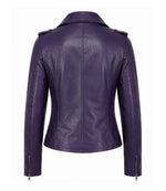 Women's Purple Leather Biker Jacket Back - Jacket Aura