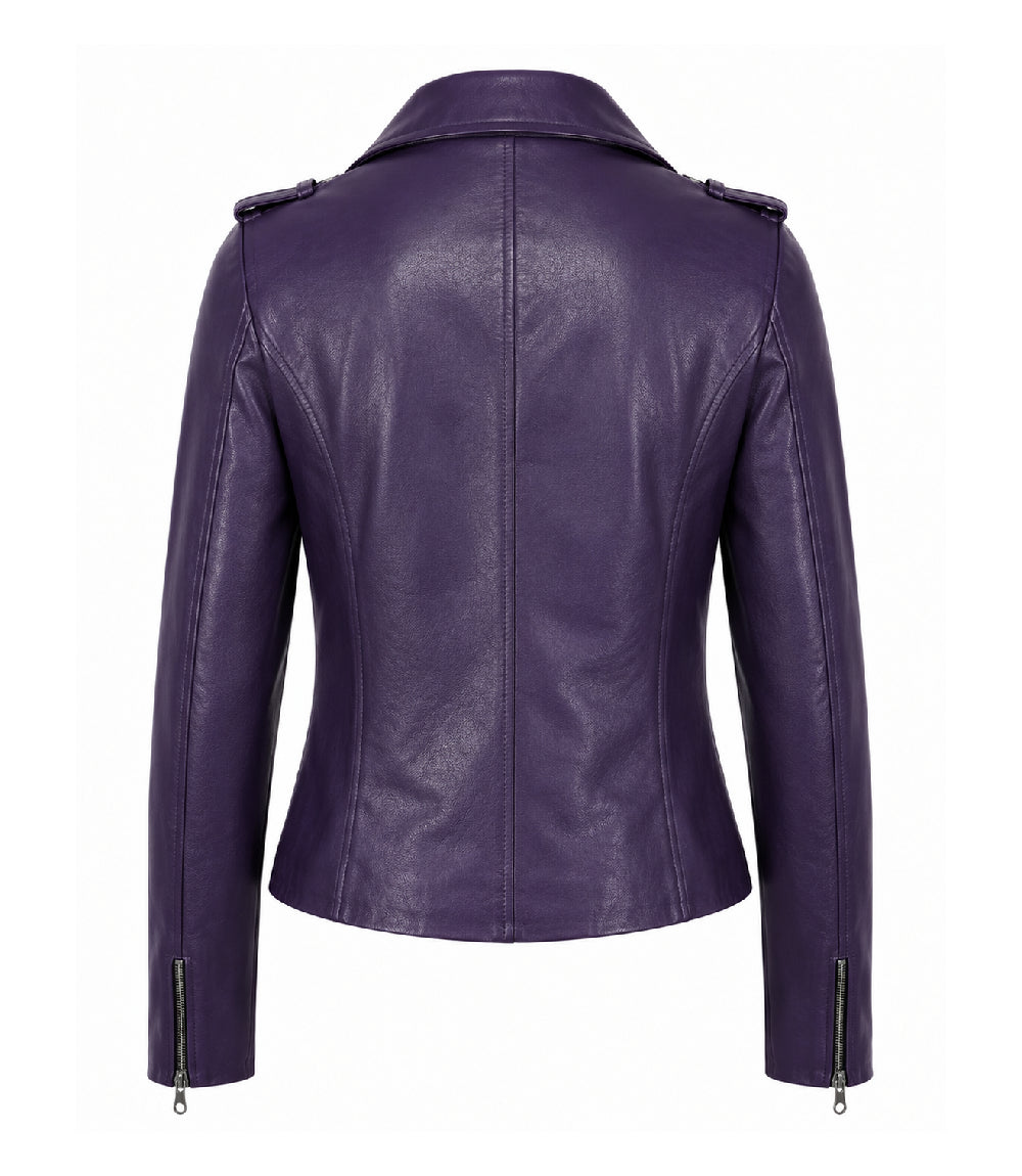 Women's Purple Leather Biker Jacket Back - Jacket Aura