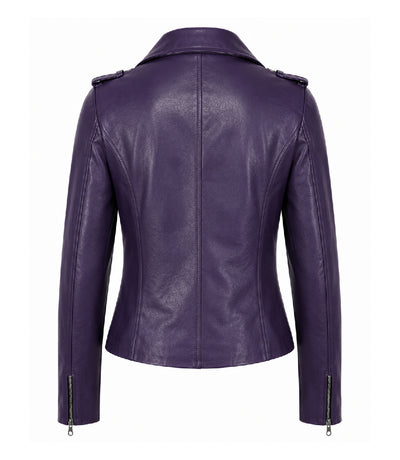 Women's Purple Leather Biker Jacket Back - Jacket Aura
