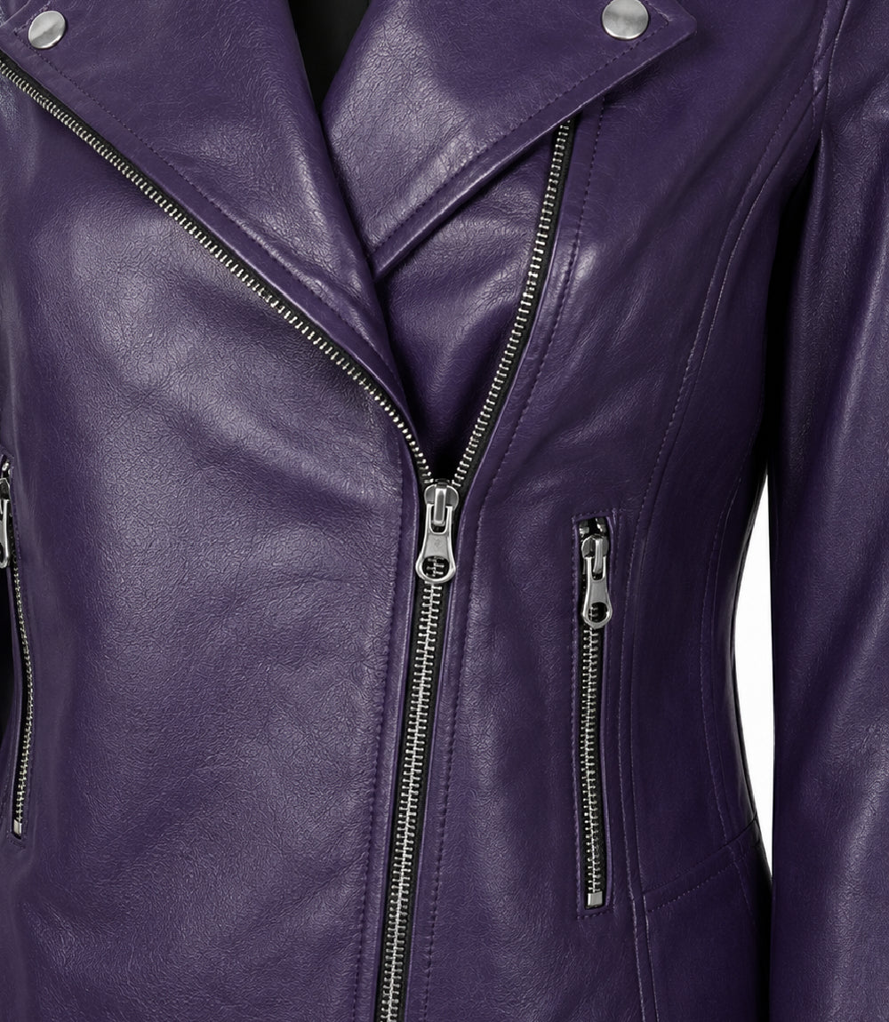 Women's Purple Leather Biker Jacket Closeup - Jacket Aura