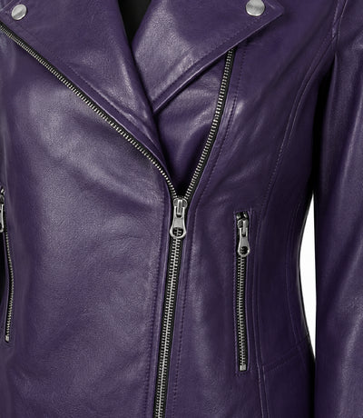 Women's Purple Leather Biker Jacket Closeup - Jacket Aura