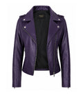 Women's Purple Leather Biker Jacket Front - Jacket Aura
