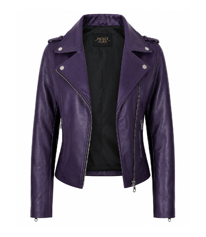  Women's Purple Leather Biker Jacket Front - Jacket Aura