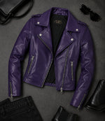 Women's Purple Leather Biker Jacket Front View - Jacket Aura
