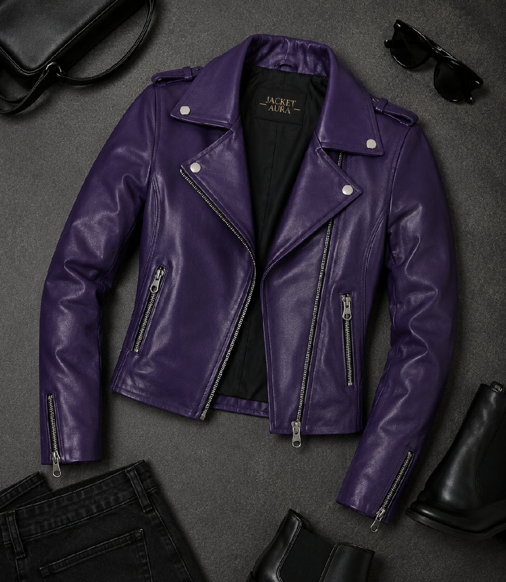 Women's Purple Leather Biker Jacket Front View - Jacket Aura