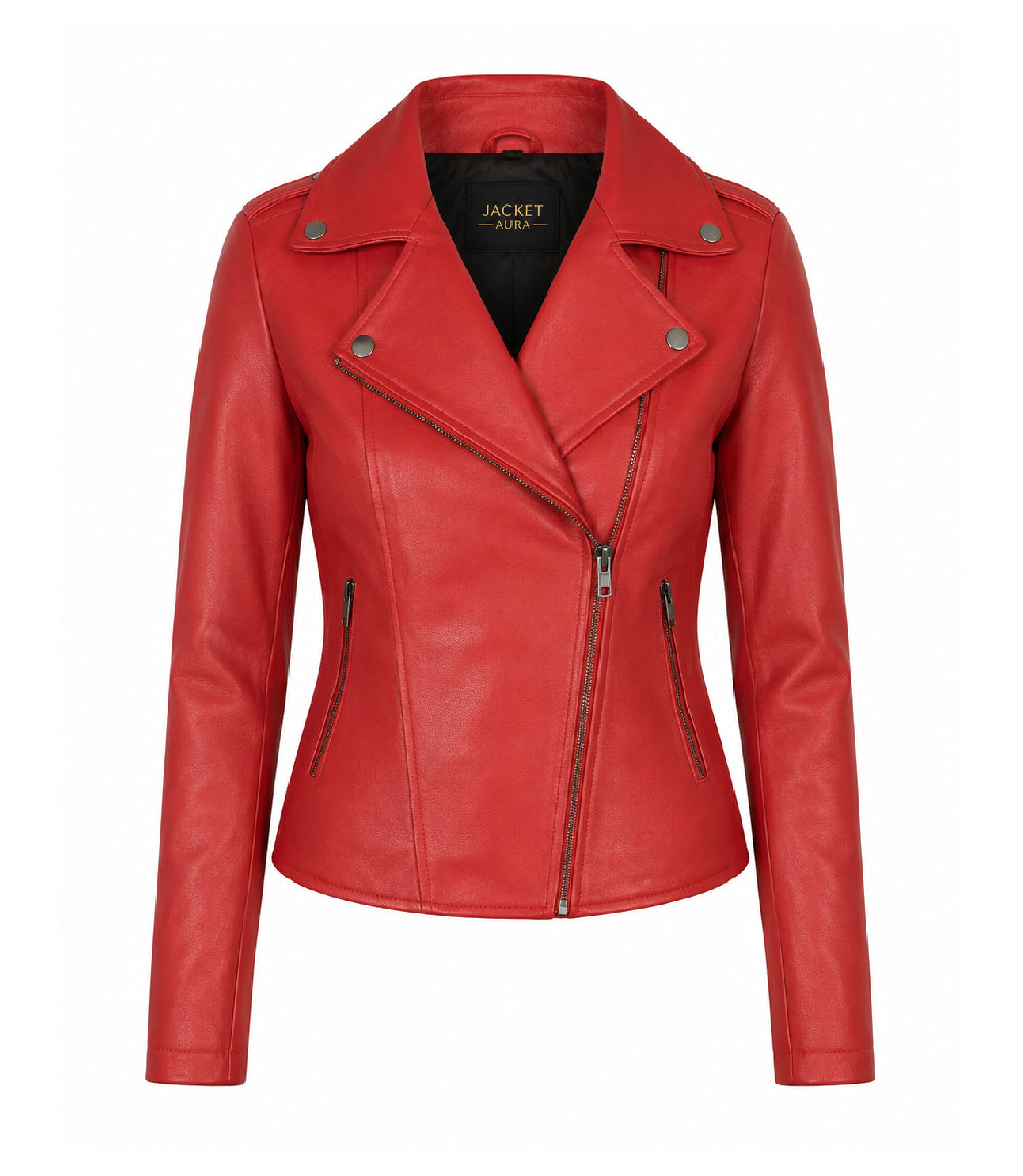 Women's Red Leather Biker Jacket - Jacket Aura