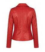 Women's Red Leather Biker Jacket Back - Jacket Aura