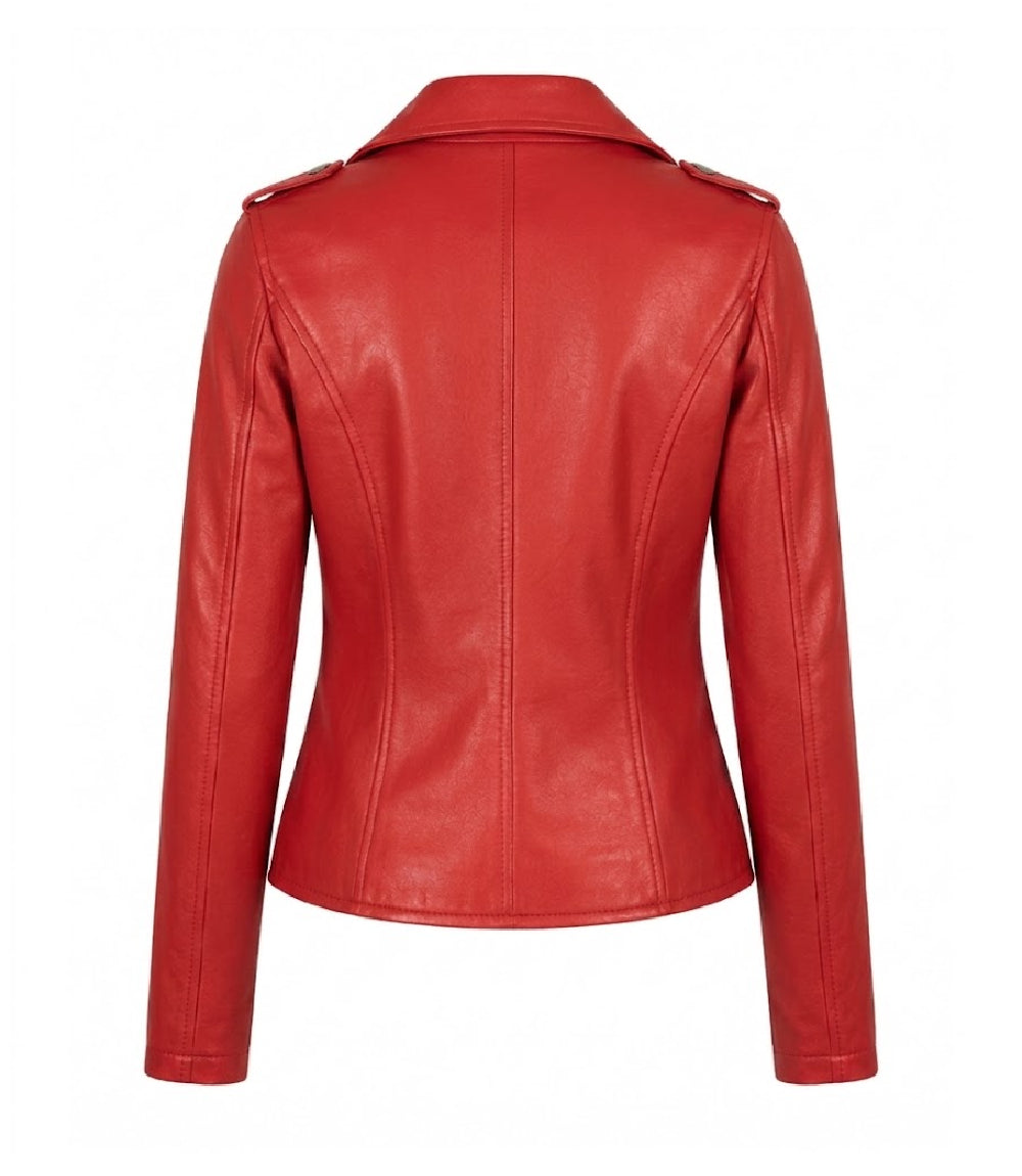 Women's Red Leather Biker Jacket Back - Jacket Aura