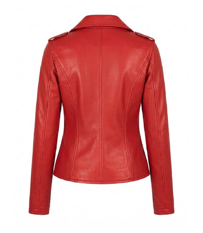 Women's Red Leather Biker Jacket Back - Jacket Aura