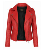 Women's Red Leather Biker Jacket Front - Jacket Aura