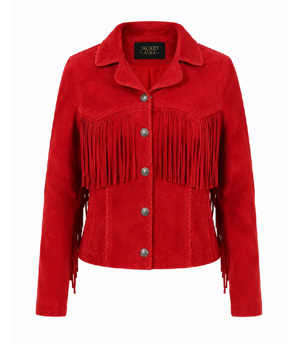 Women's Red Suede Fringe Western Jacket - Jacket Aura