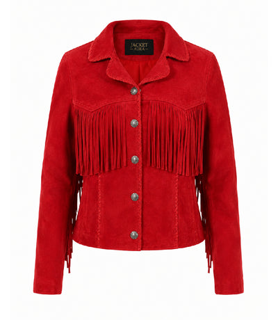 Women's Red Suede Fringe Western Jacket - Jacket Aura