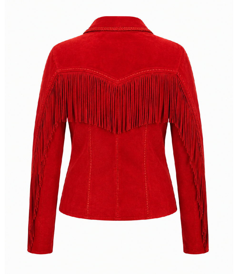Women's Red Suede Fringe Western Jacket Back - Jacket Aura