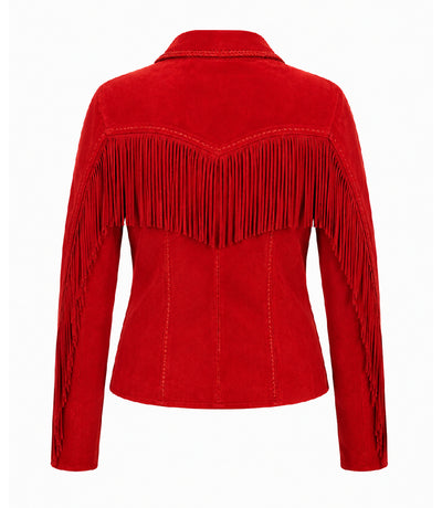 Women's Red Suede Fringe Western Jacket Back - Jacket Aura