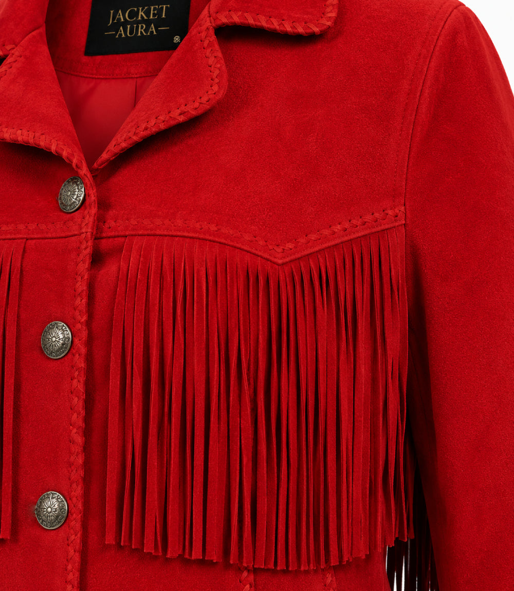 Women's Red Suede Fringe Western Jacket Closeup - Jacket Aura