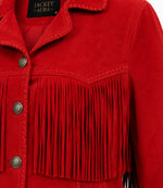 Women's Red Suede Fringe Western Jacket Closeup - Jacket Aura