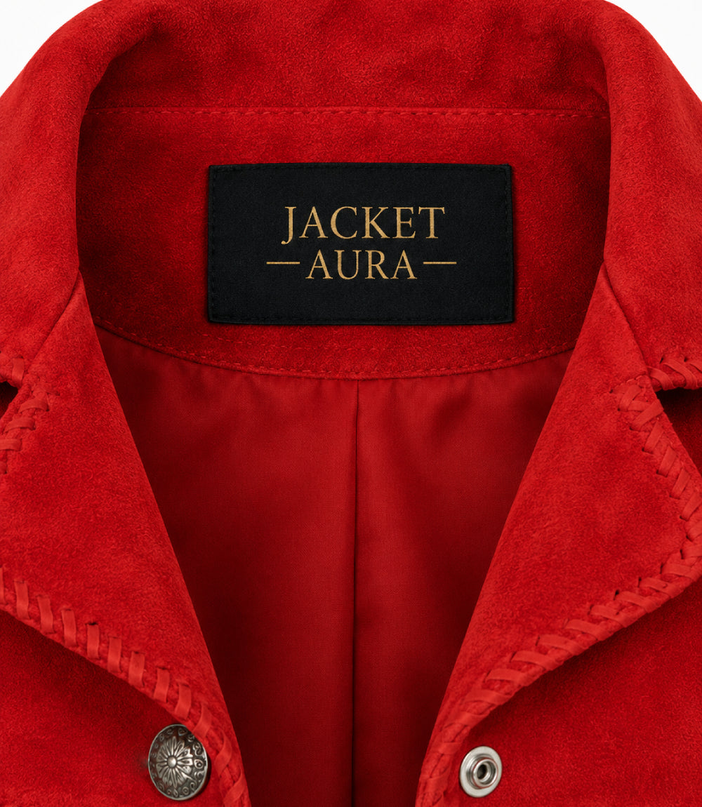 Women's Red Suede Fringe Western Jacket Collar - Jacket Aura
