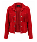 Women's Red Suede Fringe Western Jacket Front - Jacket Aura