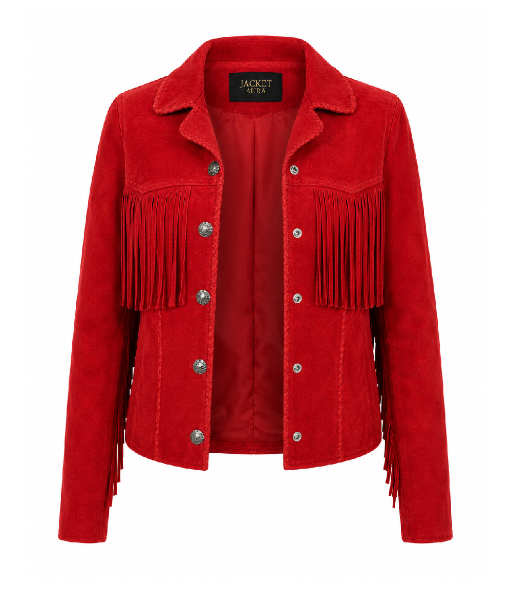 Women's Red Suede Fringe Western Jacket | Button Front | Jacket Aura