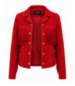 Women's Red Suede Fringe Western Jacket Front - Jacket Aura