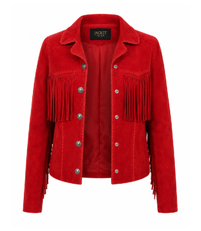 Women's Red Suede Fringe Western Jacket Front - Jacket Aura